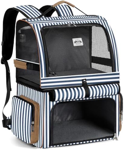 Double Cat Backpack Carrier for 2 Cats, Double-Compartment Pet Carrier Backpack for 2 Small Cat or One Medium Cat, Cats Carrier Backpack Dog Carrier Backpack Fits Up to 24 Lbs,Blue Striped by LEKEBOBOR