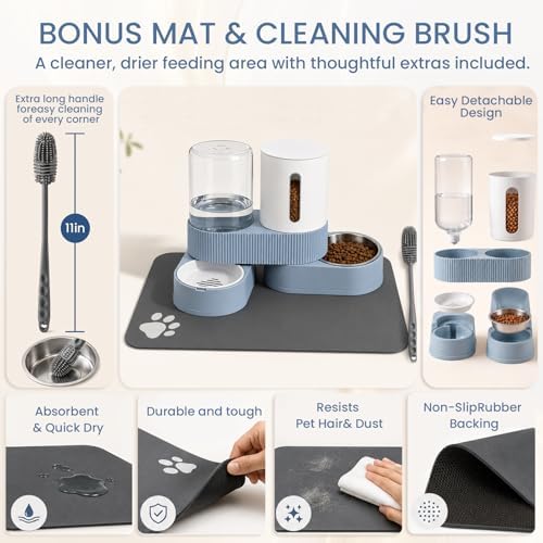 Gravity Cat Feeder and Water Dispenser 2 Pack Automatic Stainless Steel Feeder Bowls with Silicone Mat and Brush Set, Dry Food and Water Dispenser for Cats Small Medium Dogs(Blue) - Image 6