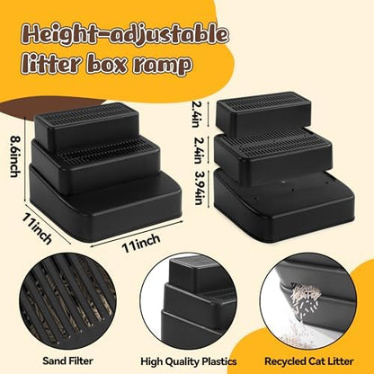 BALAPET Adjustable 3 Steps Litter Box Ramp with Filter Function, Detachable Litter Trapper, Non-Slip Cat Litter Stair for Small & Elderly Cats(Black) - Image 2