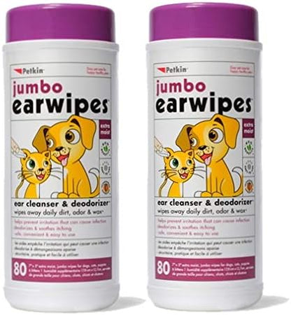 Petkin Jumbo Pet Ear Wipes, 80 Extra Moist Wipes, 2 Pack -Soothing & Deodorizing Pet Ear Cleaner to Remove Dirt, Odor, & Wax-Safe, Convenient, & Easy to Use Pet Wipes for Dogs, Cats, Puppies & Kittens by Petkin