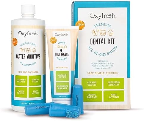 Oxyfresh Premium Pet Dental Kit for Dogs & Cats – Easiest Breath Freshener & Teeth Cleaning Solution for Fresh Breath, Clean Teeth, Plaque & Tartar Control – 4oz Toothpaste + 16oz Water Additive by Oxyfresh