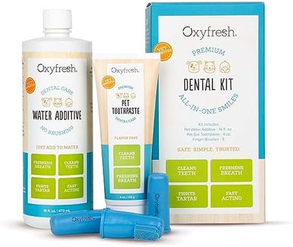 Oxyfresh Premium Pet Dental Kit for Dogs & Cats – Easiest Breath Freshener & Teeth Cleaning Solution for Fresh Breath, Clean Teeth, Plaque & Tartar Control – 4oz Toothpaste + 16oz Water Additive by Oxyfresh