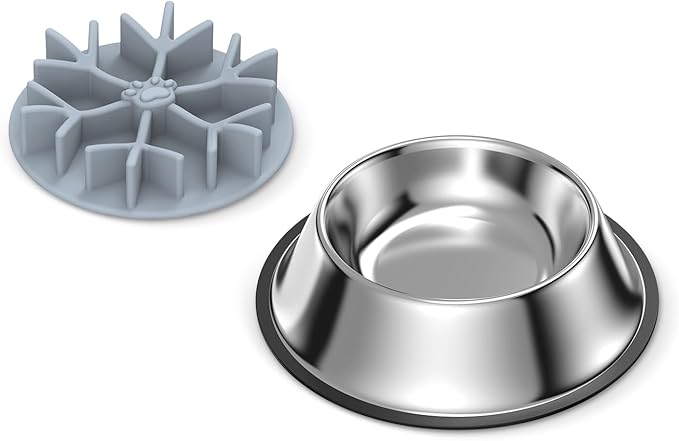 2-in-1 Metal Dog Bowl with Slow Feeder Insert, Food Grade 304 Slow Feeder Dog Bowls, Non-Slip Bottom, Pet Slower Food Feeding Bowls for Increases Feeding Time, Reduces Digestive Problems (L)