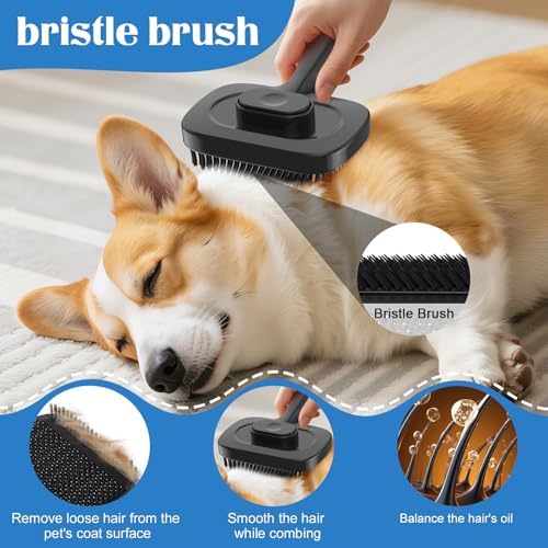 Self Cleaning Dog Brush for Shedding - Bristle Brush and Long/Short Needles Design, Skin Friendly, Slicker Deshedding Dog Brush, Hair Removal for Long & Short Haired Pets (Black) - Image 3