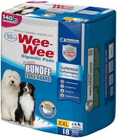 Four Paws Wee-Wee Superior Performance Pee Pads for Dogs with Runoff Barrier Edge Guard Protection, Puppy & Dog Potty Training Pads, Housebreaking Pet Supplies, 27.5" x 44" (18 Count) by FourPaws