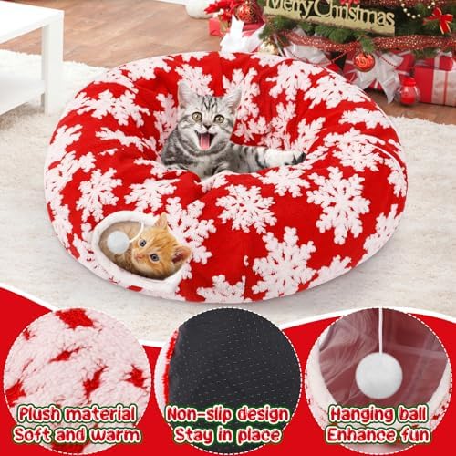 Cat Tunnel Christmas Tree Skirt for 5-7.5ft Trees - Prevent Christmas Tree Falling, Snowflake Patterns Warm Soft Cat Tube Bed with Anti-Slip Mat - Image 5