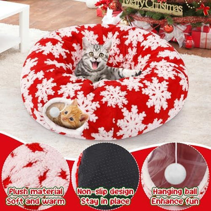 Cat Tunnel Christmas Tree Skirt for 5-7.5ft Trees - Prevent Christmas Tree Falling, Snowflake Patterns Warm Soft Cat Tube Bed with Anti-Slip Mat - Image 5