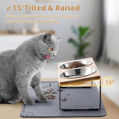 Summark 2 Pack Elevated Cat Bowls with Food Mat,15°Tilted Stand Anti Vomiting Raised Cat Dishes for Food and Water,2 Stainless Steel Bowls for Cats and Puppy - Image 3