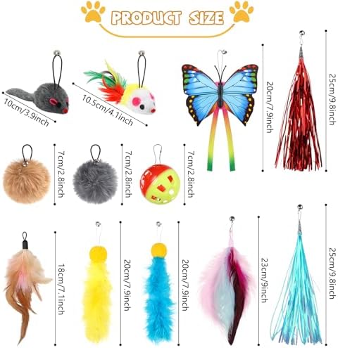 QUOZUO Cat Toys Replacement Cat Toy Wand Refills, 12 Pcs Cat Feathers Refill, Cat Toy Mouse Cat Wand Refill Attachments for Indoor Cats - Image 2