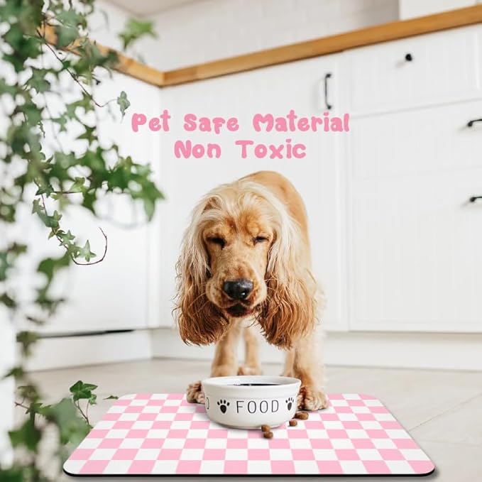 Dog Food Mats for Floors Waterproof, Pet Water Bowl Mats Pet Feeding Absorbent Placemats Plaid 17 * 30 inch