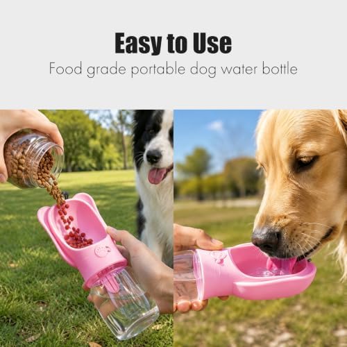 2 in 1 Dog Water Bottle with Food Container, Portable Leakproof Pet Water Dispenser & Bowl, Fits Dogs and Cats (Pink, Small) - Image 4