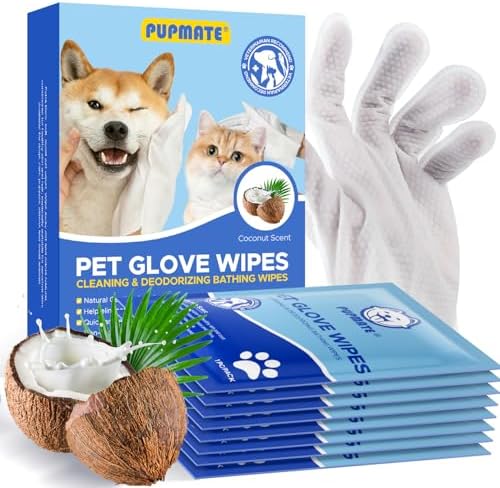 Pet Cleaning Glove Wipes for Dogs & Cats, Hypoallergenic Deodorizing Disposable No-Rinse Grooming Wipes, Wipes, Perfect for Pet Dry Cleaning, Daily Care and Travel, Coconut Scent, 8 pcs by PUPMATE
