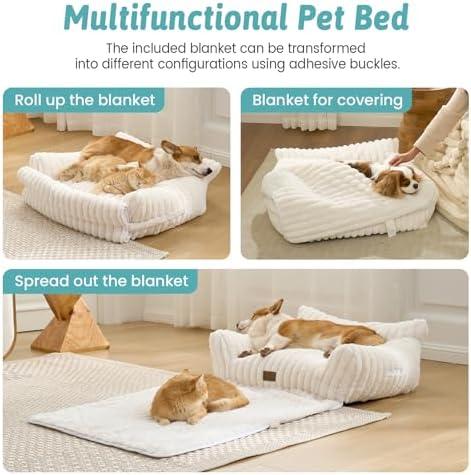 COZY KISS Cute Cat Bed with Removable Cover, Multifunctional Plush Faux Fur Pet Couch Bed with Blanket, Ultra-Soft Pet Furniture for Cats & Small Dogs (Cream, M: 32''x24'') - Image 2