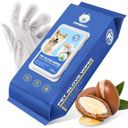 Pet Cleaning Glove Wipes for Dogs & Cats, Hypoallergenic Deodorizing Disposable Bathing Wipes,No-Rinse Grooming Wipes, Extra Thick,Perfect for Pet Dry Cleaning,Daily Care and Travel,24 pcs by PUPMATE