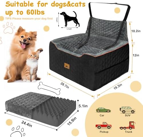 Dog Car Seat for Medium/Large Dog Booster Seat for Dogs Under 60 lbs or 2 Small Dogs, Multi-Functional Pet Car Seat with Thick Cushion, 2 Safety Leashes (BlackGray) - Image 2