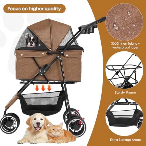 Pet Stroller,Dog Stroller for Small Medium Dogs Cats,3 Wheels,Deep Brown - Image 3
