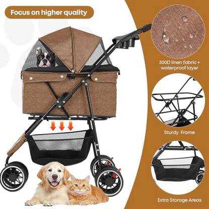 Pet Stroller,Dog Stroller for Small Medium Dogs Cats,3 Wheels,Deep Brown - Image 3