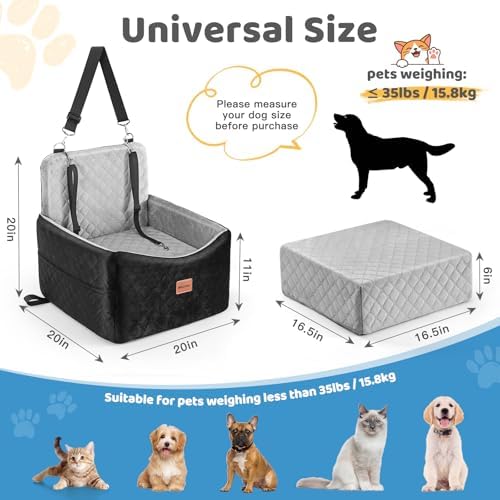 Dog Car Seat for Small Medium Dogs Up to 40 lbs – Dog Booster Seat with 6-Inch Memory Foam, Pet Car Seat with Removable Washable Cover, 3 Safety Belts & 2 Storage Bags (Black/Gray) - Image 2