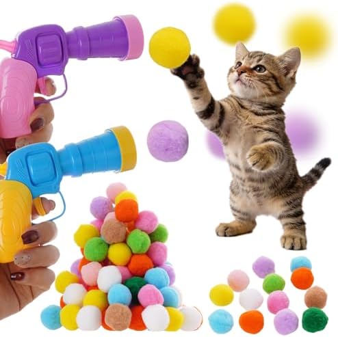 2Pcs Cat Ball Launchers with 100Pcs Pom Pom Balls Cat Interactive Soft Ball Toy Interactive Pet Toys Launcher for Cats Indoor Play by Welcome