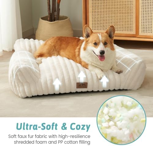 COZY KISS Cute Cat Couch, Fluffy Sofa Bed for Cats and Small Dogs, Premium Faux Rabbit Fur Cats beds for Indoor Cat, Ultra-Soft Supportive Pet Couch Furniture (Cream, M: 31.5''x23.5'') - Image 3