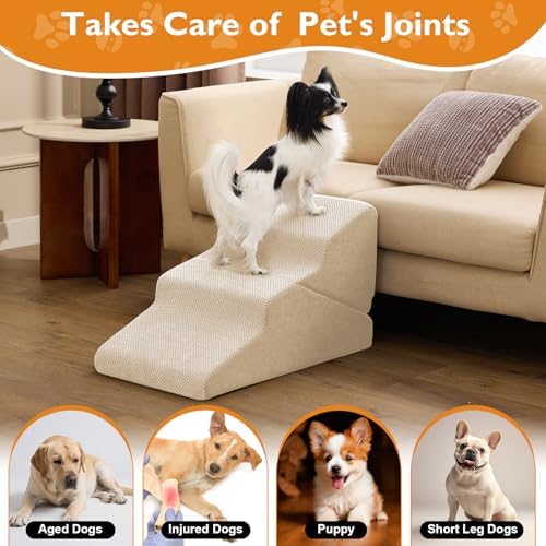 Ahpmeoa Dog Stairs for Small Dogs 16’’ H, 3-Step Dog Steps for Bed, Beige - Image 5