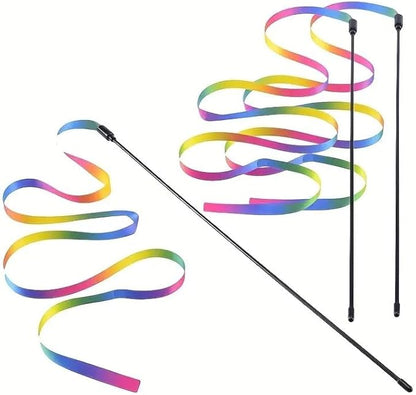 Rainbow Interactive Cat Wand – Colorful Feather & Ribbon Teaser for Indoor Play & Bonding (3 Pack)