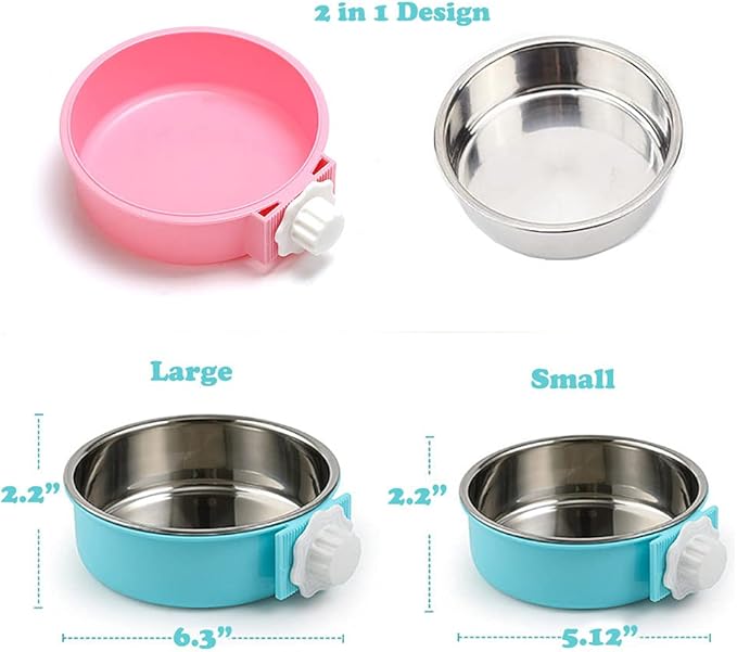 Love Dream Crate Dog Cat Bowls, Removable Stainless Steel Hanging Pet Cage Bowls Kennel, Food Water Feeder with Bolt for Puppy Rabbits Birds 2 Pack with Silicone Sponge Dish Brush