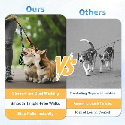 Double Dogs Leash - Removable Main Lead Rope with Splitter, No Tangle 2 Dog Coupler, Reflective No Pull Bungee, 3 Handle, D-Ring, Extra Long for Walk Train Medium Large Two Pet (Orange) - Image 6