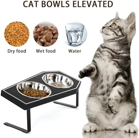 Cat Food Bowls Elevated, Gothic Cat Bowls, Raised Cat Bowls for Indoor Cats with Non-Slip Stand & Wood Board, Stainless Steel and Whisker Friendly Food Bowls - Image 6