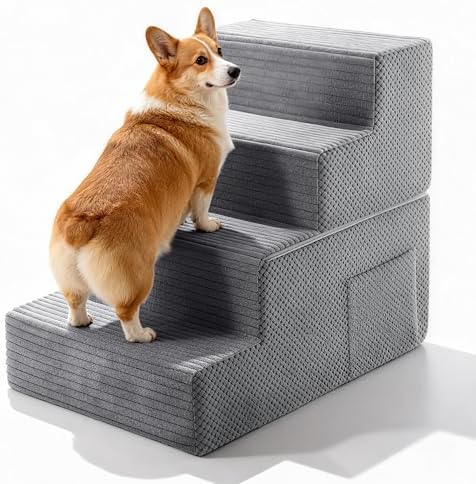 Pet Stairs for Small Dog, 4 Steps for Bed, Couch, Chair, Sofa with Side Pocket, Transformable Dog Ramp with Non-Slip Function, Dark Grey by TSCOMON