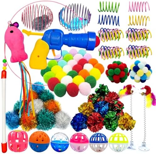 Colorful Cat Toys Bulk for Indoor Cats, 84 Pcs Interactive Kitten Toys by HerMia