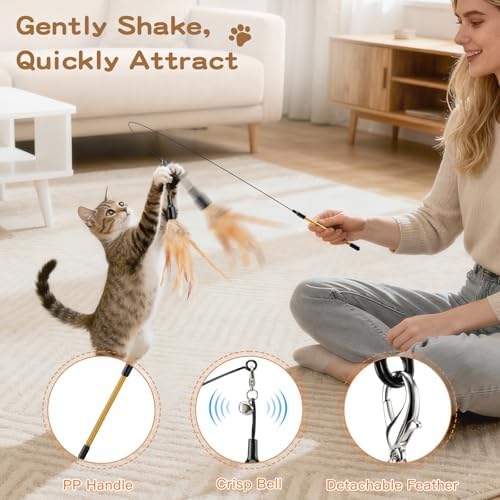 Pawaboo Cat Feather Wand Interactive Toy, 2 Feathers + 1 Wand with Bell - Image 3