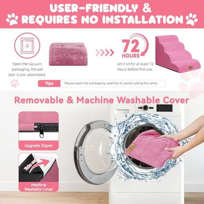 Zerbuger Dog Ramp and Stairs for Bed, Pink 4 Steps 20" H, Nonslip Cover - Image 6