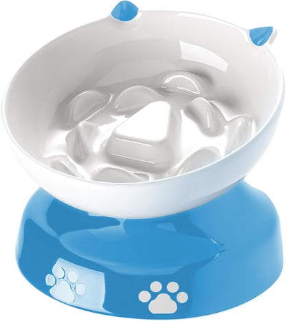 Y YHY Ceramic Slow Feeder Cat Bowl, Elevated Cat Bowl Tilted Design Slow Feeder for Dog and Cat for Dry and Wet Food, Blue