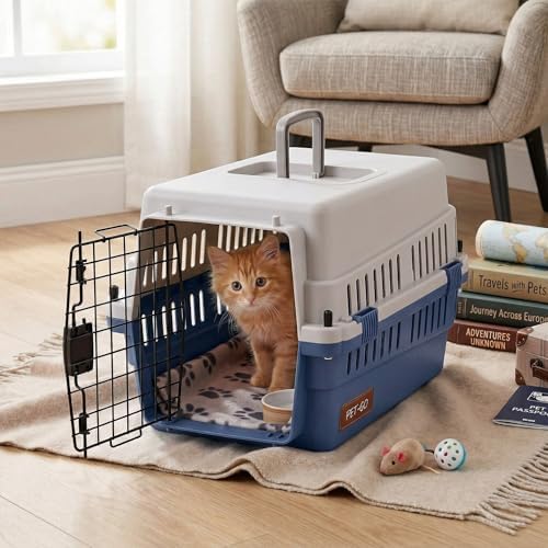 Hard-Sided Pet Carrier for Cats and Small Dogs, 20" Sturdy Travel Kennel with Secure Wire Door & 360° Ventilation, Portable Plastic Crate for Vet Visits & Car Travel (Blue/Grey) - Image 5