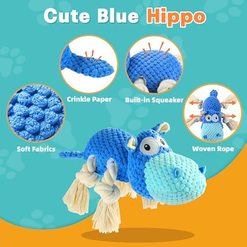 TOOPTATE Hippo Squeaky Dog Toy, Blue, Large - Image 2