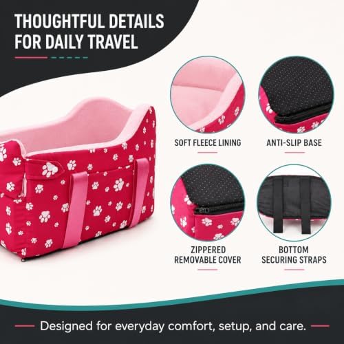 Center Console Dog Car Seat for Small Dogs Under 15 lbs - Detachable Washable Carrier with Safety Belt & Storage Pockets, Pink - Image 6