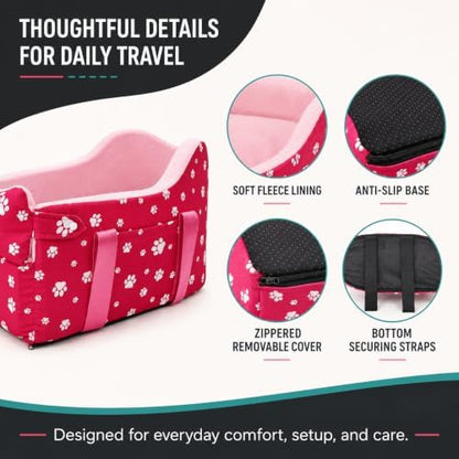 Center Console Dog Car Seat for Small Dogs Under 15 lbs - Detachable Washable Carrier with Safety Belt & Storage Pockets, Pink - Image 6