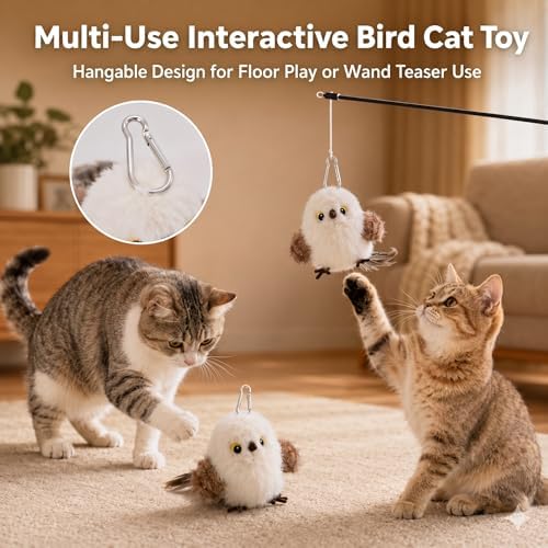 Flapping Bird Cat Toy, White Sparrow Plush Touch Activated Bird Chirp Cat Toy with Refillable Catnip, USB Rechargeable Interactive Kitten Exercise Toy,4.92"(No Flying) - Image 4