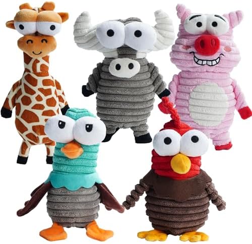 Nocciola 5-Pack Squeaky Dog Toys, Durable Stuffed Critter Zoo Dog Toys with Unique Squeak Sounds to Keep Dogs Busy, Puppy Toys for Small, Medium, and Large Dogs by Nocciola