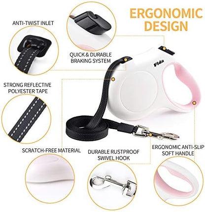 Fida Retractable Dog Leash with Dispenser and Poop Bags, 16ft, White & Pink - Image 3