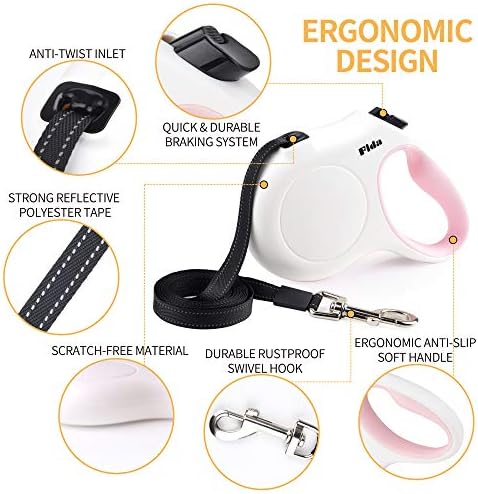 Fida Retractable Dog Leash with Dispenser and Poop Bags, 16ft, White & Pink - Image 3
