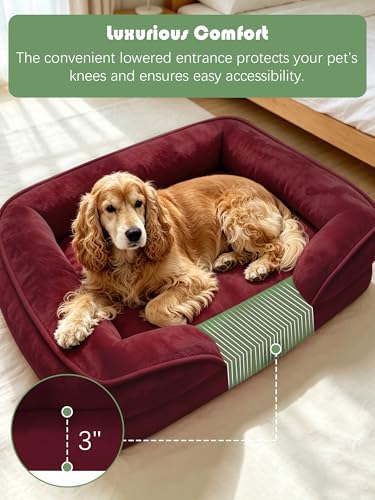 Spotted Play Orthopedic Dog Bed with Sides - Sofa Beds for Large Dogs, Supportive Foam Pet Couch Bed with Washable Removable Cover, Waterproof Lining and Non-Slip Bottom, Burgundy - L - Image 3