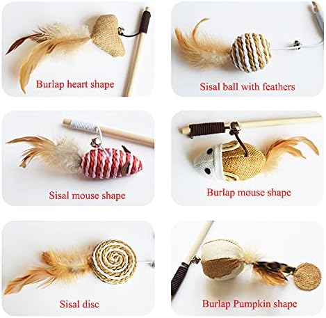 Artshu 6pcs 40cm Feather Linen Wand Cat Catcher Teaser Stick Interactive Toys Wood Rod Mouse Toy with Mini Bell - Image 2
