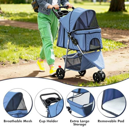 3 Wheels Pet Stroller,Storage Basket and Cup Holder, Breathable Mesh, Waterproof and Foldable for Small/Medium Dogs and Cats Strollers, Lightweight Travel Carrier for Daily Walks & Outdoor，Blue - Image 7
