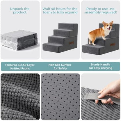 Dog Stairs, Steps and Ramp for High Bed & Sofa, 13-24" H Detachable Pet Stairs for Small Medium Dogs, Sturdy 40D Foam, Non-Slip, Washable Cover with Lint Roller, Grey - Image 2