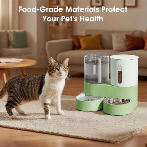 2 in 1 Automatic Gravity Cat Dog Feeder and Water Dispenser with 304 Stainless Steel Bowls, 360 Degree Rotatable Auto Food with 2 Specialized Brushes for Small Medium Pet Dog Puppy Kitten (Green) - Image 5