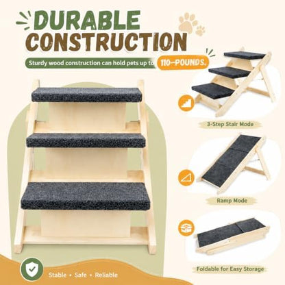 Wooden Dog Stairs & Ramp for Small Medium Dogs and Cats, Foldable Pet Steps - Image 3