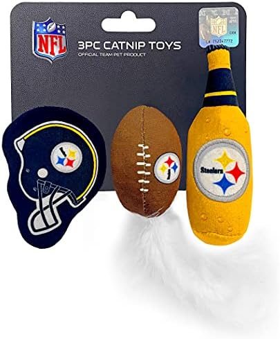 BEST PLUSH CAT TOY NFL PITTSBURGH STEELERS Complete Set of 3 piece Cat Toys filled with Fresh Catnip. Includes: 1 Helmet Cat Toy, 1 Football Cat Toy with Feathers & 1 Beer Bottle. Beautiful Team LOGOS by PETSFIRST