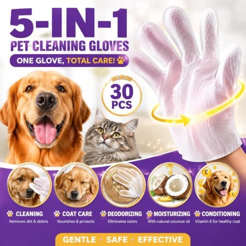 Pet Glove Wipes for Dogs & Cats, 30Pcs Deodorizing Cleaning Gloves with Coconut Oil, Vet Recommended Hypoallergenic Bathless Grooming Wipes for Paws, Body & Ears, No-Rinse - Image 4